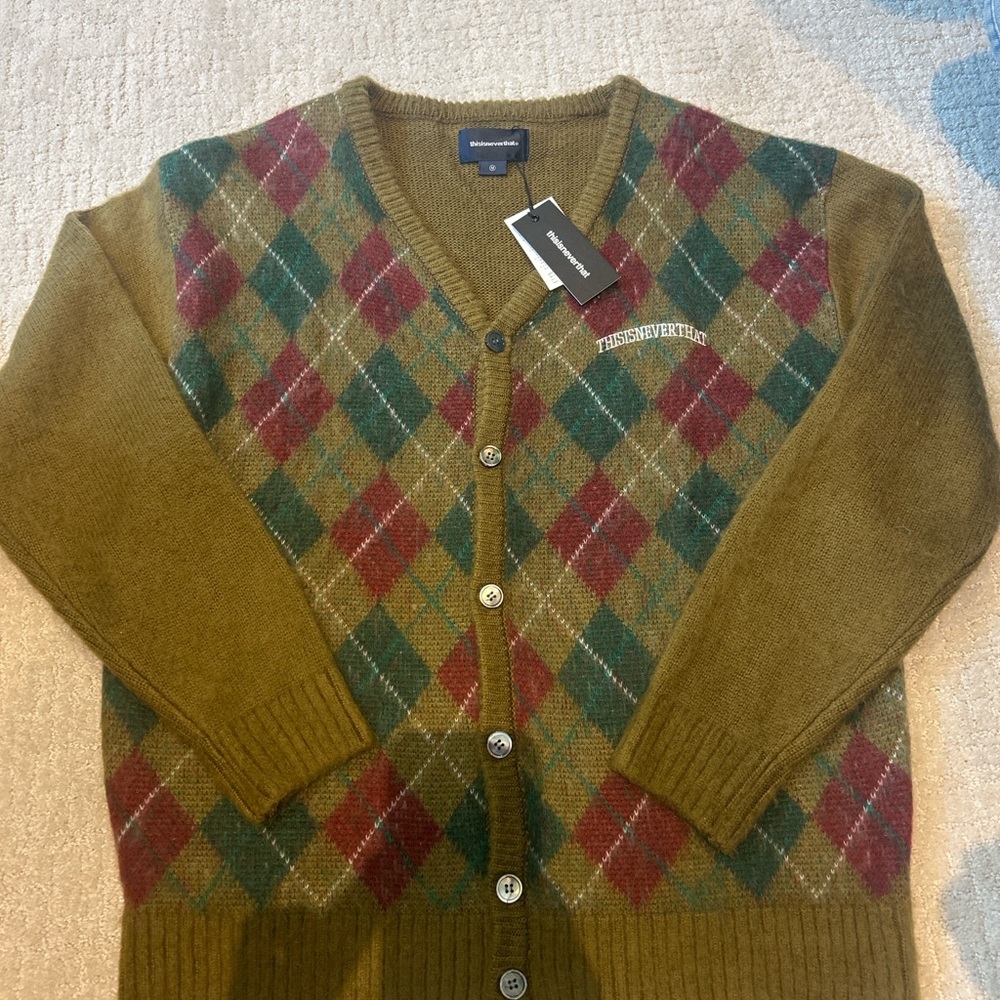 Thisisneverthay Argyle Cardigan - Olive and Burgundy